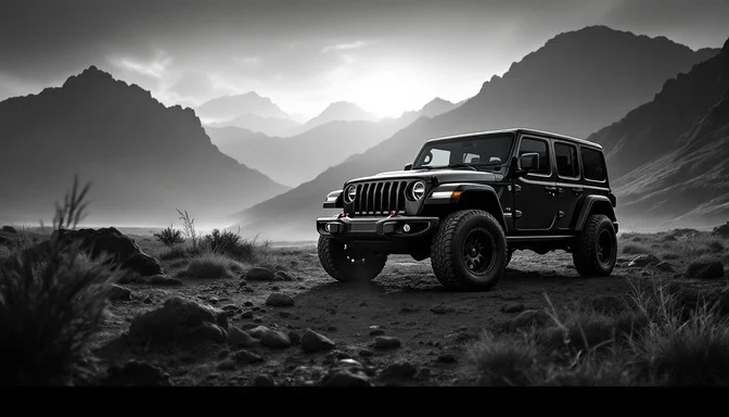Black Jeep Wrangler with dramatic mountain landscape